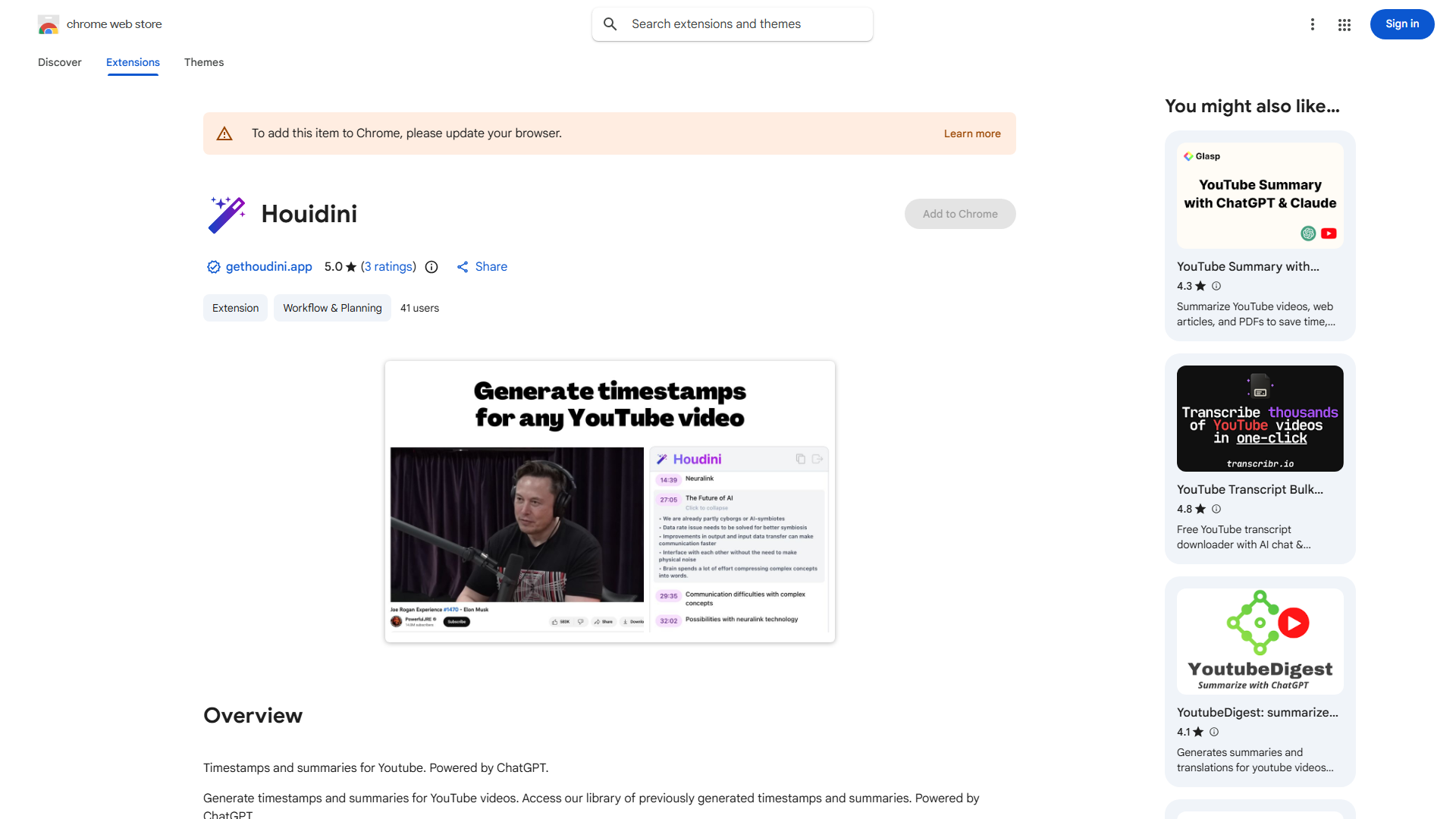 Generate timestamps and summaries for YouTube videos