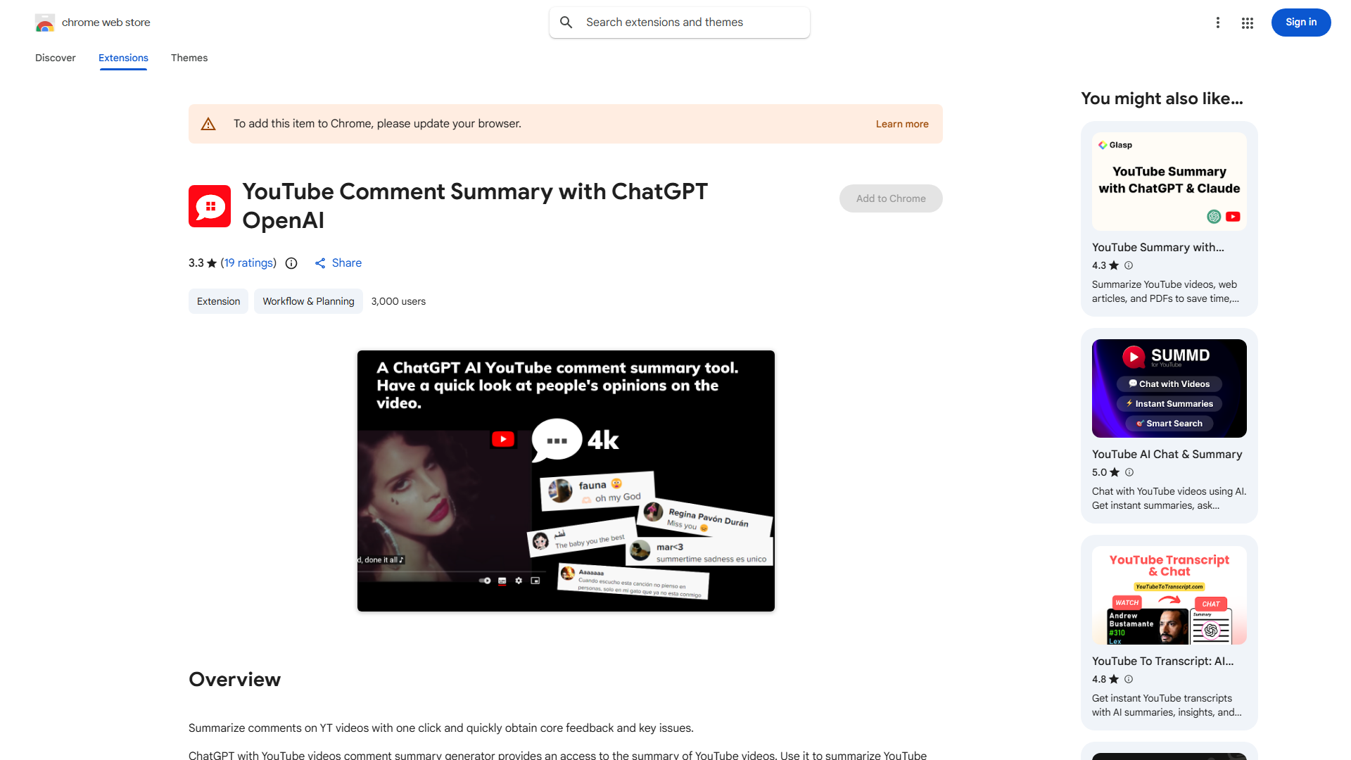 ChatGPT with YouTube videos comment summary generator