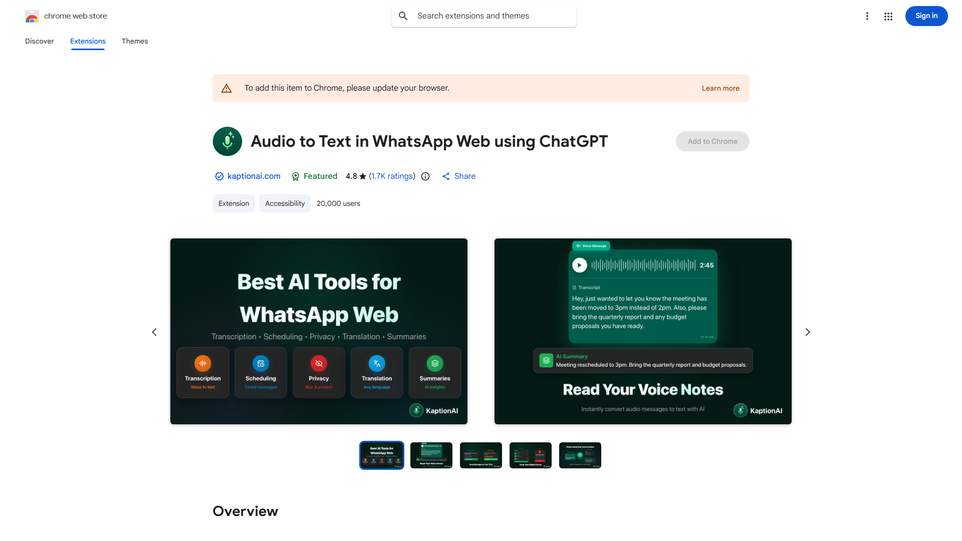Audio to text and summarize conversations of voice messages and chats with AI on WhatsApp™ Web