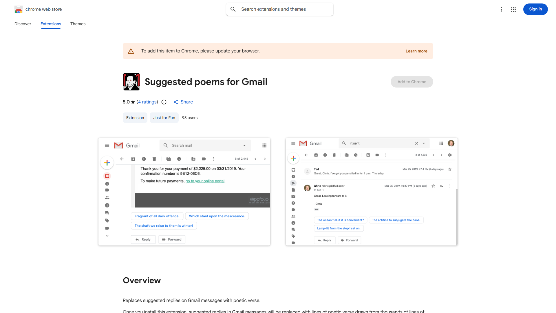 Replaces suggested replies on Gmail messages with poetic verse