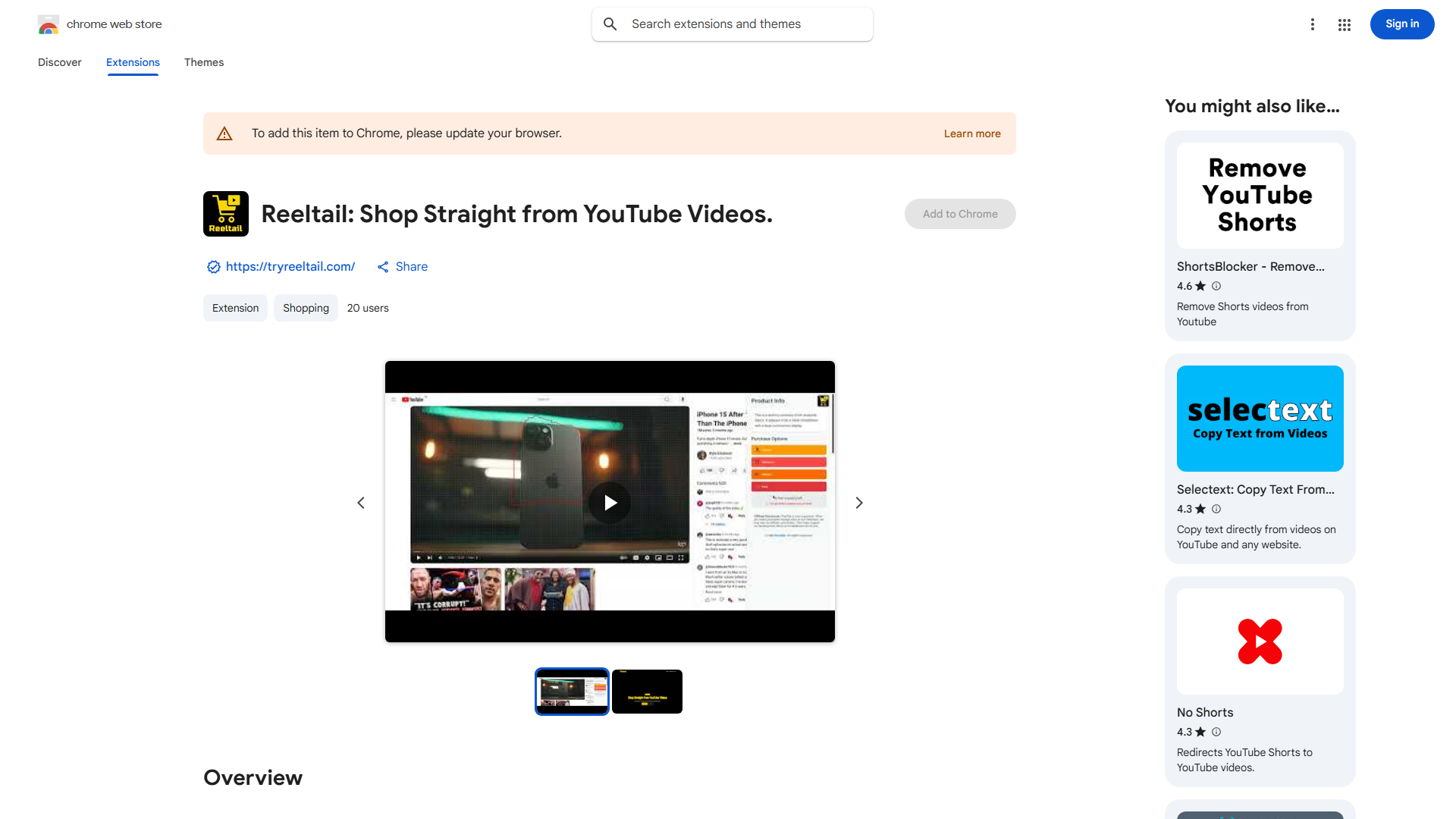 YouTube Shopping Extension
